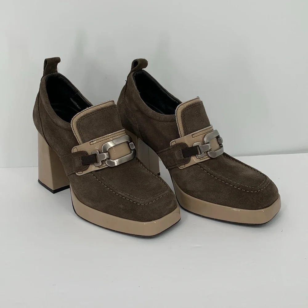 Casta Josh chunky platform loafers brown suede tan patent shoe pewter oval 40 9